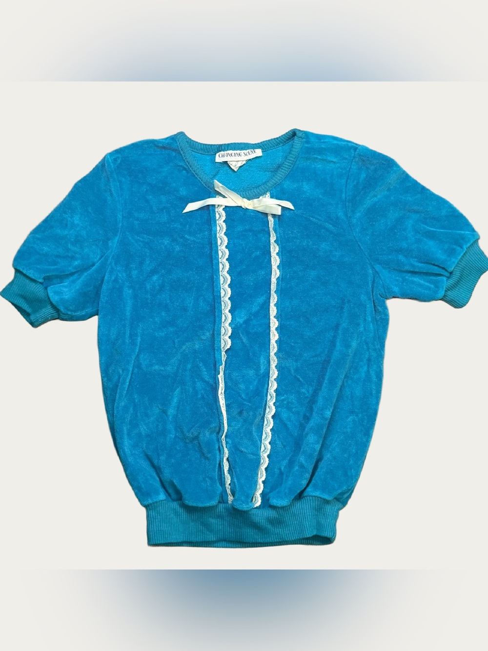 Changing Scene blue velvet babydoll top with white lace trim and bow, size M